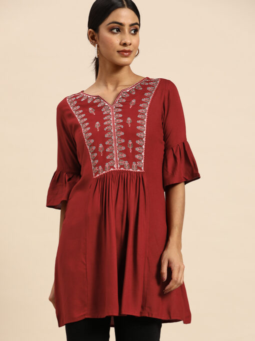 Red Floral Embroidered Rayon A-line Short Top