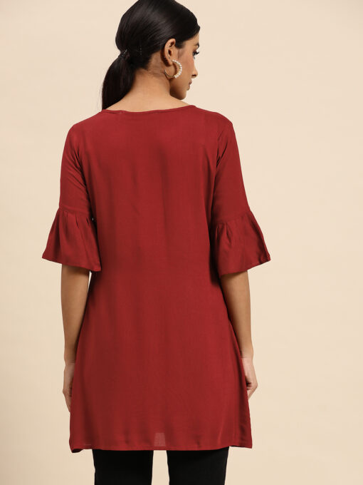 Red Floral Embroidered Rayon A-line Short Top - Image 2