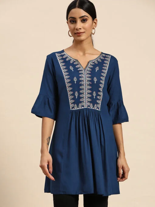 Blue Floral Embroidered Rayon A-line Short Top