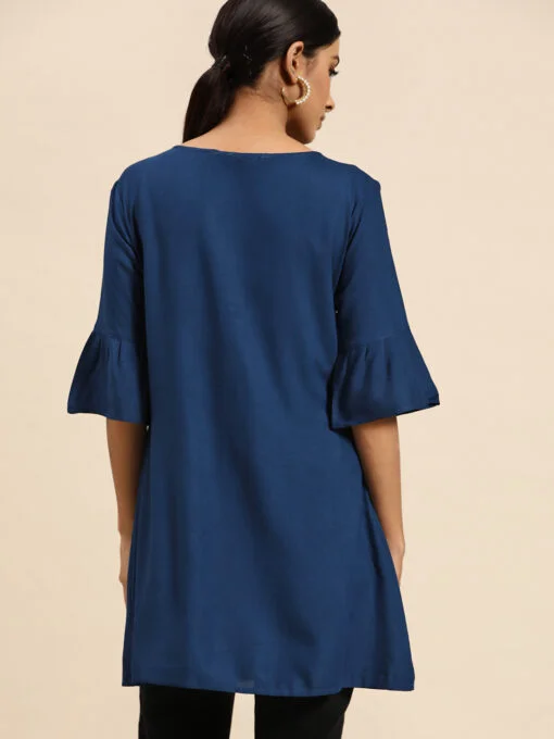 Blue Floral Embroidered Rayon A-line Short Top - Image 2