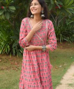 Pink Cotton Block Print Flared Kurta