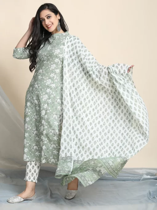 Light Green Cotton Floral Print Kurta With Pant And Dupatta