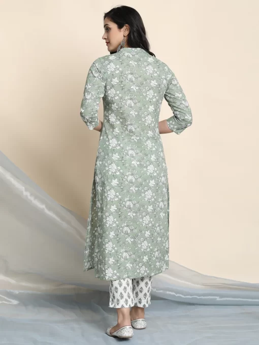 Light Green Cotton Floral Print Kurta With Pant And Dupatta - Image 2