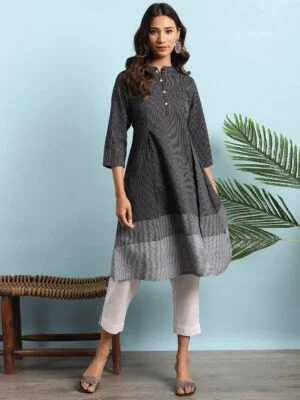 Black Cotton Striped A-Line Kurta