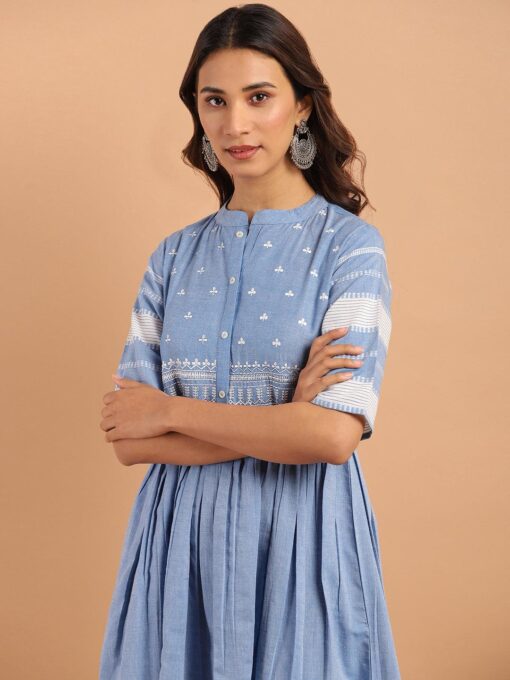 Blue Cotton Floral Flared Western Dress - Image 3