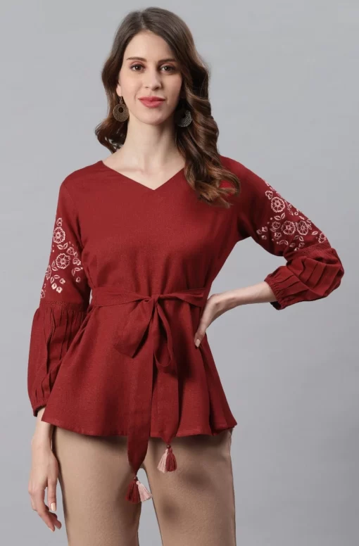 Maroon Cotton Flex Embroidered A-Line Top
