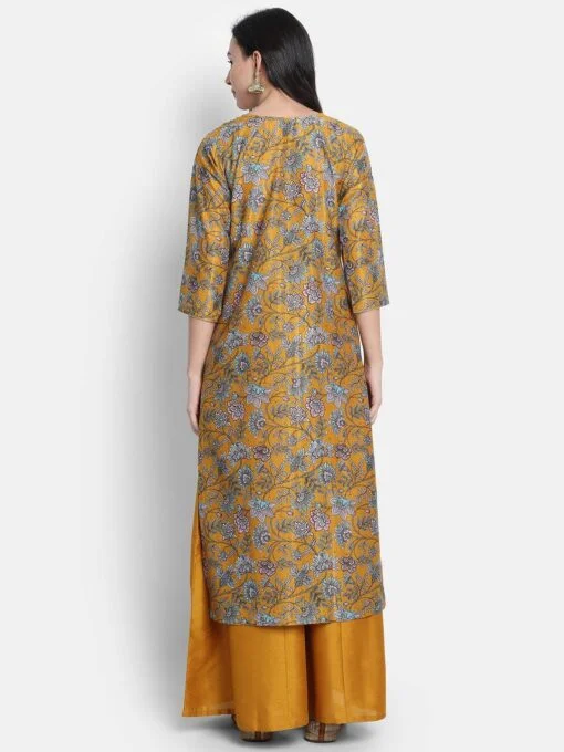 Mustard Poly Muslin Embroidered Kurta With Palazzo And Dupatta - Image 2