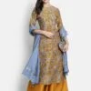 Mustard Poly Muslin Embroidered Kurta With Palazzo And Dupatta