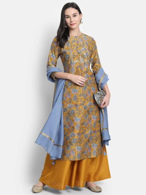 Mustard Poly Muslin Embroidered Kurta With Palazzo And Dupatta