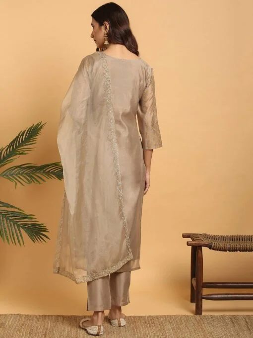 Light Brown Poly Chanderi Floral Print Kurta With Pant And Dupatta - Image 2
