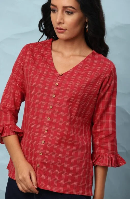 Red Cotton Checkered Regular Top - Image 3