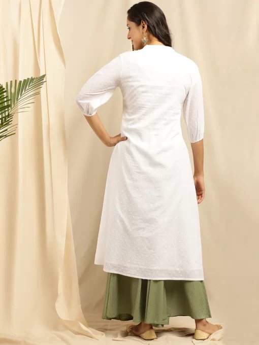 White Cotton Embroidered Flared Kurta - Image 2