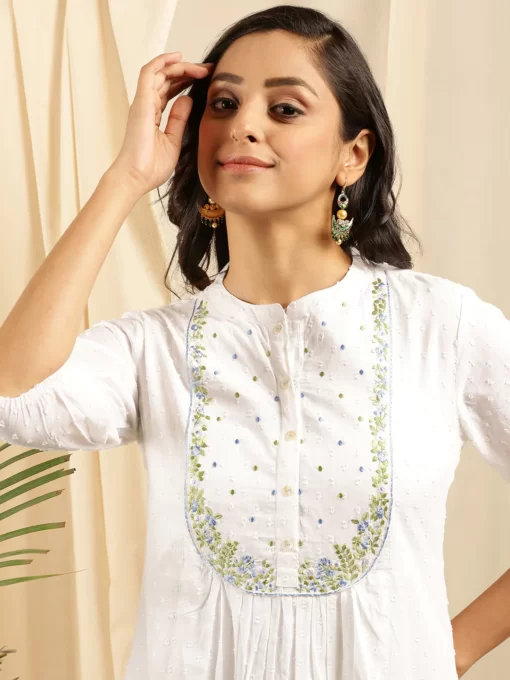 White Cotton Embroidered Flared Kurta - Image 3