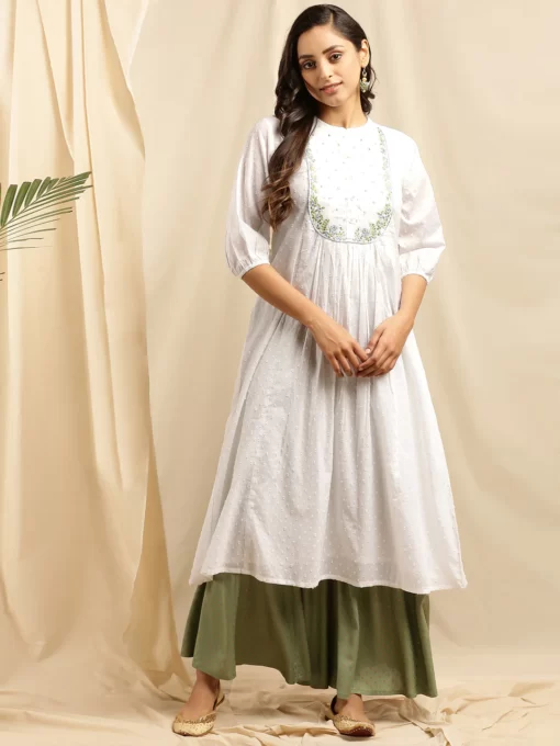 White Cotton Embroidered Flared Kurta
