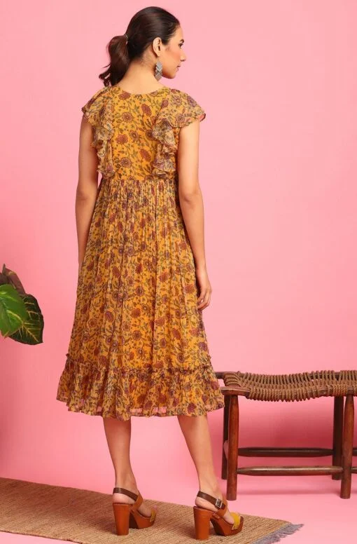 Mustard Poly Georgette Floral Flared Western Dress - Image 2