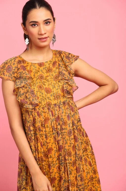 Mustard Poly Georgette Floral Flared Western Dress - Image 3