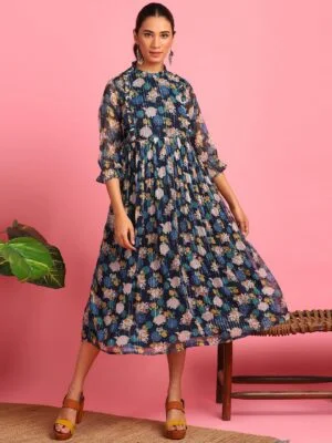 Navy Blue Poly Georgette Floral Flared Western Dress