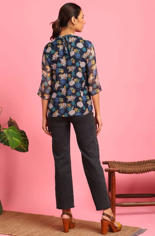 Navy Blue Poly Georgette Floral Print Regular Top - Image 2