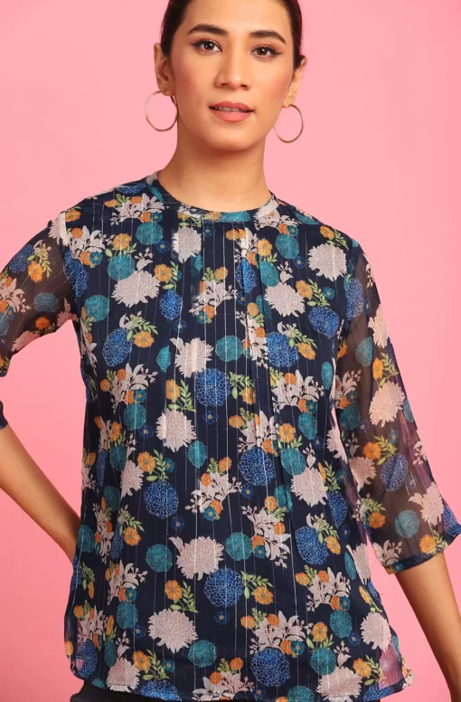 Navy Blue Poly Georgette Floral Print Regular Top - Image 3