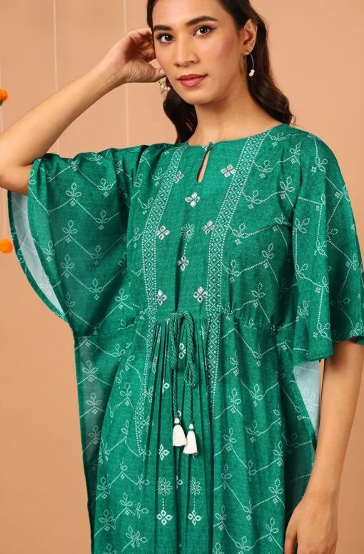 Green Poly Georgette Bandhni Print Kaftan Kurta - Image 3