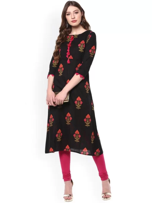 Black Cotton Floral Print A-Line Kurta