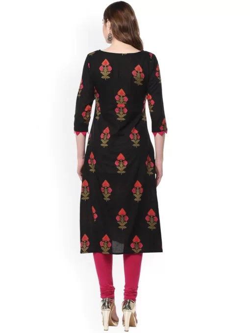 Black Cotton Floral Print A-Line Kurta - Image 2