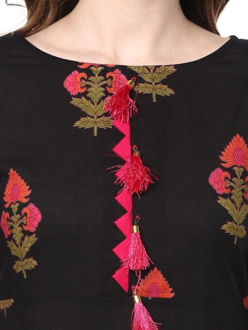 Black Cotton Floral Print A-Line Kurta - Image 3