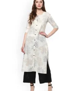 Off White Cotton Foil Print Straight Kurta
