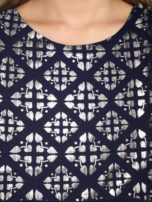 Dark Blue Poly Crepe Foil Print Flared Kurta - Image 3