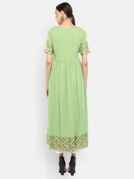 Light Green Poly Crepe Gold Print Flared Kurta - Image 2