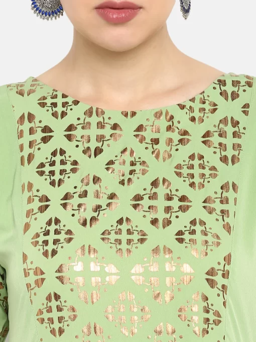 Light Green Poly Crepe Gold Print Flared Kurta - Image 3