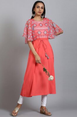 Coral Poly Crepe Digital Print Flared Kurta