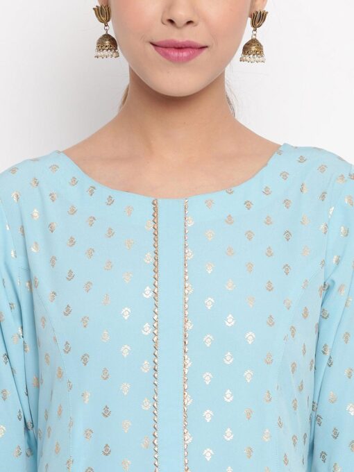Turquoise Poly Crepe Floral Print A-Line Kurta - Image 3