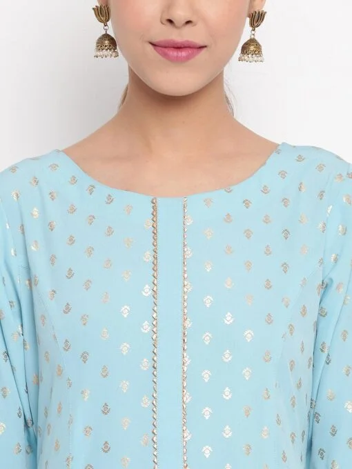 Turquoise Poly Crepe Floral Print A-Line Kurta - Image 3