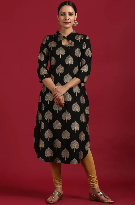 Black Rayon Botanical Print Straight Kurta