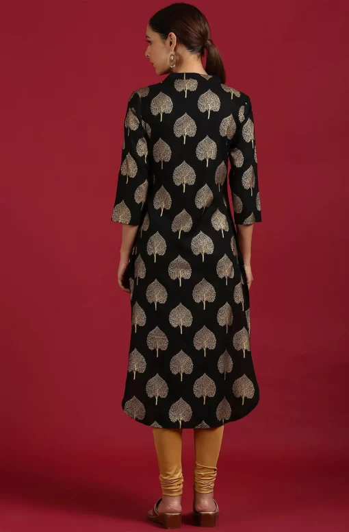 Black Rayon Botanical Print Straight Kurta - Image 2