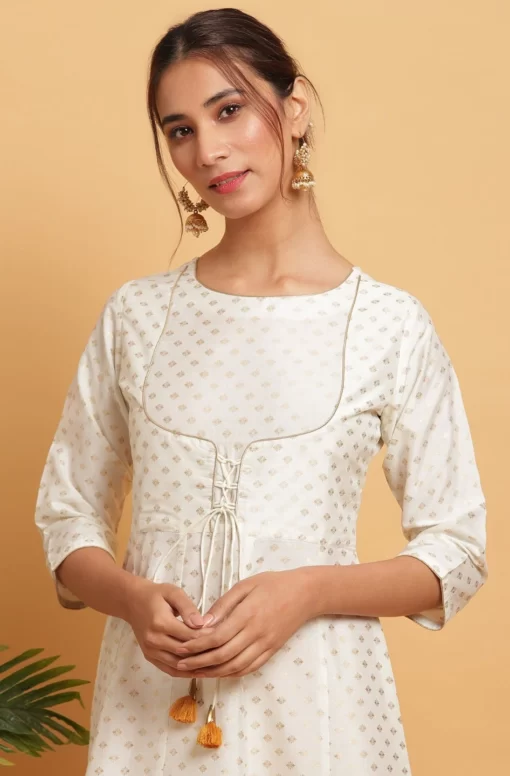Off White Poly Silk Gold Print Anarkali Kurta - Image 3
