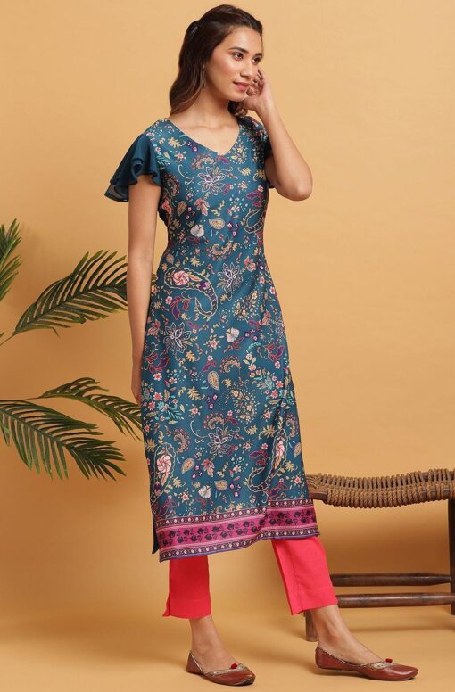 Teal Poly Crepe Floral Print Straight Kurta