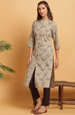 Taupe Cotton Floral Print Straight Kurta