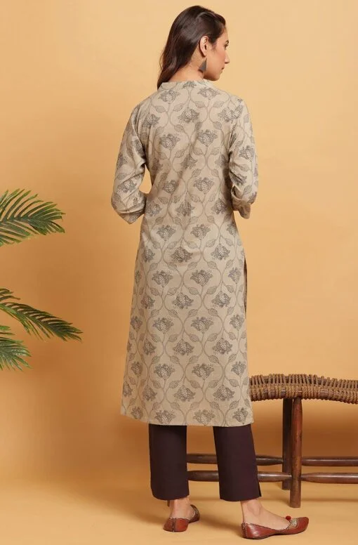 Taupe Cotton Floral Print Straight Kurta - Image 2