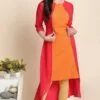 Orange Poly Crepe Floral Print A-Line With Attached Jacket Kurta