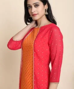 Orange Poly Crepe Floral Print A-Line With Attached Jacket Kurta - Image 3