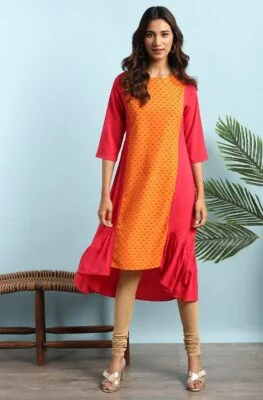 Orange Poly Crepe Floral Print A-Line Kurta