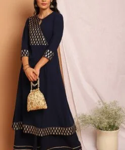Navy Blue Poly Crepe Ethnic Motifs Flared Kurta