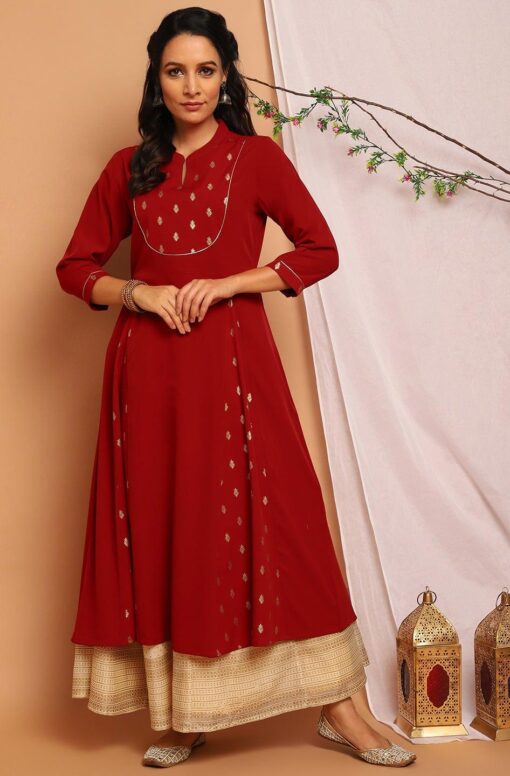 Maroon Poly Crepe Ethnic Motifs A-Line Kurta