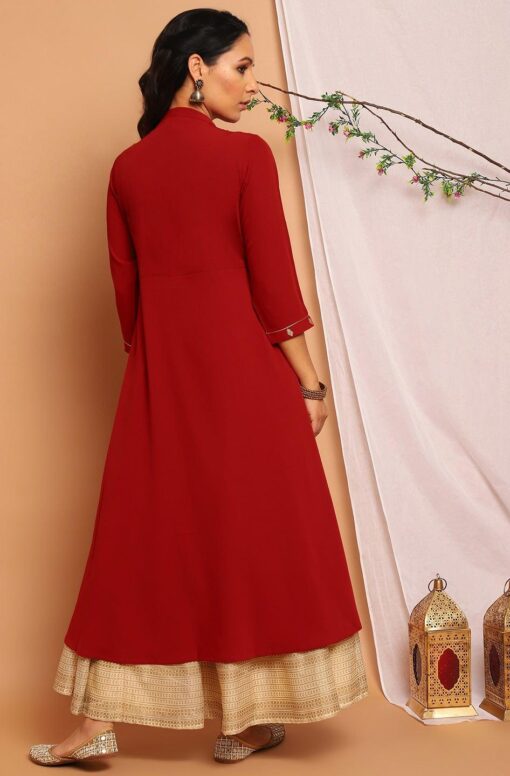 Maroon Poly Crepe Ethnic Motifs A-Line Kurta - Image 2