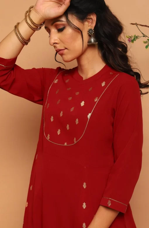 Maroon Poly Crepe Ethnic Motifs A-Line Kurta - Image 3