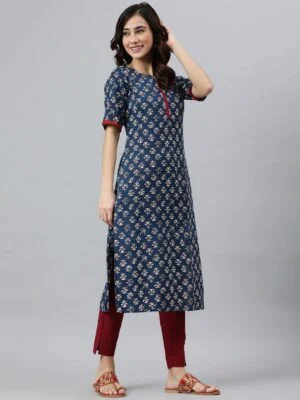 Blue Rayon Floral Print Straight Kurta