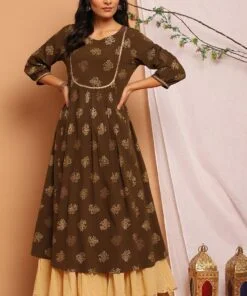 Olive Green Poly Crepe Floral Print A-Line Kurta