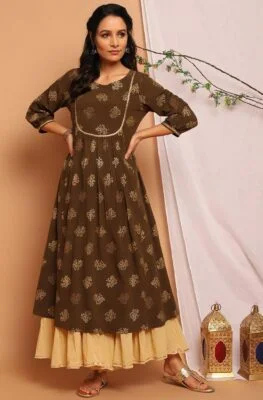 Olive Green Poly Crepe Floral Print A-Line Kurta